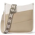 Beige and khaki leather crossbody bag with geometric snowflake patterned wide strap - Khaki