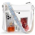 Transparent PVC crossbody bag with white leather trim and blue patterned guitar strap - Clear White