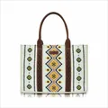 Boho-Canvas-Tragetasche mit braunen Ledergriffen und geometrischem Ethno-Muster - Groß / Cremeweiß/Rosa