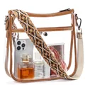 Transparent PVC crossbody bag with brown leather trim and geometric woven strap - Transparent Brown