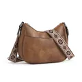 Brown vintage leather crescent crossbody bag with floral woven adjustable strap - Brown