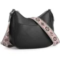 Black crescent crossbody bag with bohemian embroidered floral wide shoulder strap - Black