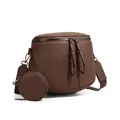 Braune Crossbody-Tasche aus Leder mit Reißverschluss und kleinem runden Geldbeutel - Kieselnarbig Hellkaffee (Auf Lager)