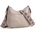 Greige crescent crossbody bag with lychee texture and floral jacquard wide strap - Gray