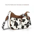 Cow print crescent shoulder bag with checkered strap and round coin purse accessory - Cow Print White Brown