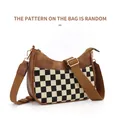 Brown leather crescent crossbody bag featuring black and white checkerboard pattern - Checkerboard Brown