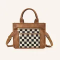 Borsa tote vintage in pelle PU marrone con tasca in tela a scacchi e doppia chiusura a zip - Doppia Cerniera Plaid Marrone