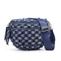 Blue and white checkered denim crossbody bag with dual zippers and gold hardware - Blue Denim