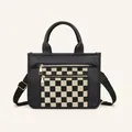 Borsa tote da donna in pelle PU nera con motivo a scacchi e doppie cerniere dorate - Doppia Cerniera Plaid Nero