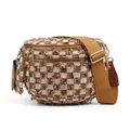 Brown and white tweed plaid crossbody bag with fringe texture and adjustable strap - Tan Denim Style