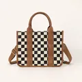 Checkered canvas tote bag with brown PU leather trim and adjustable wide shoulder strap - Solid Plaid Brown