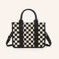 Classic black and white checkered PU tote bag with leather handles and crossbody strap - Solid Plaid Black