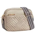 Beige crossbodytas van kunstleer met V-stiksel en geometrische geweven riem - Gewatteerd Abrikoos