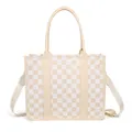 Close-up of checkerboard tote bag featuring reinforced handles and adjustable strap detail - Nylon Beige Plaid