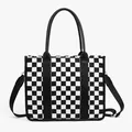 Large checkerboard tote bag with dual handles and adjustable shoulder strap for women - Nylon Black White Plaid