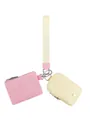 Close-up of pink and cream multifunctional wristlet pouch with woven strap and gold buckle - Pink + Apricot