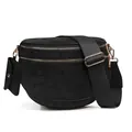 Black faux suede crossbody shell bag with double gold zippers and mini pouch - Suede Black