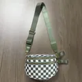 Stylish green and white checkered suede shell bag with golden zippers and wide nylon strap - Green Checkered
