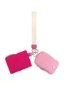 Detail of dual-pouch wristlet with pink and magenta zippered bags on a cream strap - Rose Red + Pink