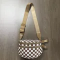 Detail of checkered shoulder bag with double gold zippers and adjustable wide strap - Khaki Plaid