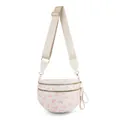 Beige faux suede crossbody shell bag with pink ribbon print and gold hardware - Bow