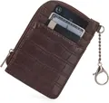 Detail of dark brown crocodile embossed card holder with zipper pocket and metal keychain - Crocodile