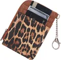 Detail view of leopard print card holder with zipper pocket and metal keychain - Leopard Brown