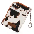 Vintage cow print leather card holder wallet with zipper and metal keychain clip - Cow Brown Texture