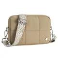 Quilted khaki crossbody bag with ethnic pattern strap and stylish puffy texture - Khaki