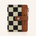 Detail of checkered canvas wallet with brown leather trim and secure silver metal snap button - Checkerboard Patchwork Style / Plaid Brown