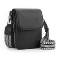 Detail of black pebbled leather mini crossbody bag with striped wide shoulder strap - Black