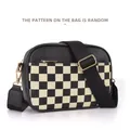 Black pebbled leather crossbody bag with checkered pocket and wide woven strap - Single Zipper Plaid Style / Checkerboard Black