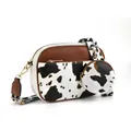 Brown and cow print crossbody bag with detachable strap and small round coin pouch - Cow Print Two-Piece Bag / Cow White Brown