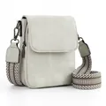 Detail of light grey leather mini crossbody bag with patterned woven shoulder strap - Gray