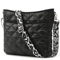 Detail of black quilted nylon crossbody bag with stylish leopard print wide shoulder strap - Black