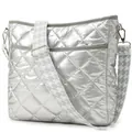 Detail of silver quilted crossbody bag with stylish houndstooth pattern wide strap - Silver