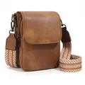 Brown litchi texture mini crossbody bag with patterned woven strap and card slots - Brown