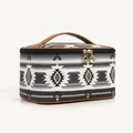 Bohemian geometric pattern PU leather travel toiletry bag with brown handles and gold zippers - Geometric Black 1