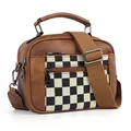 Sac bandoulière en similicuir marron avec empiècement en toile à damier noir et blanc - Poignée Marron à Carreaux