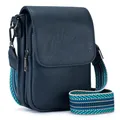 Borsa a tracolla blu scuro in pelle testurizzata con tracolla a motivi geometrici - Blu navy