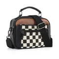 Sac bandoulière à damier avec accents en cuir marron et sangle large réglable - Poignée Noir à Carreaux