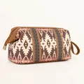 Detail of bohemian waterproof cosmetic bag with geometric prints and brown PU trim - Brown Gray Serrated Pattern (Light Coffee)