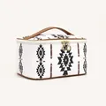 Detailaufnahme der PU-Leder Kosmetiktasche mit goldenen Reißverschlüssen und Tragegriff - Geometrisch Weiß