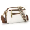 Multi-layer crossbody bag in white and brown PU leather with retro floral woven strap - White and Brown