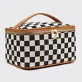 Waterproof checkerboard PU leather cosmetic travel bag with brown handle and dual zipper - Plaid Brown
