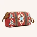 Detail of bohemian travel toiletry bag with geometric patterns and leather zipper trim - Red Blue Geometric Pattern (Red)
