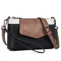 Dettaglio borsa a tracolla tricolore in pelle PU con fibbie metalliche e grana litchi - Patchwork Nero Bianco Marrone