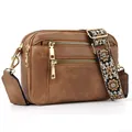 Dark brown multi-zipper crossbody bag with colorful ethnic style woven shoulder strap - Camel Brown