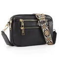 Black PU leather crossbody bag featuring triple gold zippers and a vintage floral strap - Black