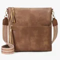 Brown vintage faux leather crossbody bag with cross-stitch pattern and woven shoulder strap - Brown